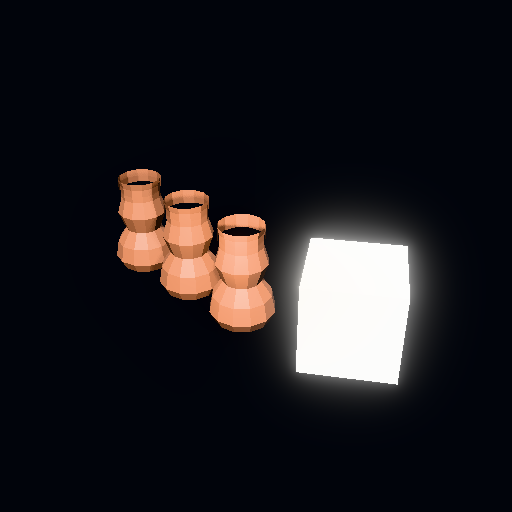 The shelf of three vases and the imported, moved and turned box, lit by the point light this step just set on the project — its own colour, its own shadow request, additive over the viewport's fixed key/fill pair (tut-07). The environment preset and the ambient level do not reach this picture yet.