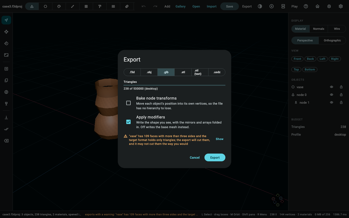 The export screen over the two-object scene, with the readiness checks for both.