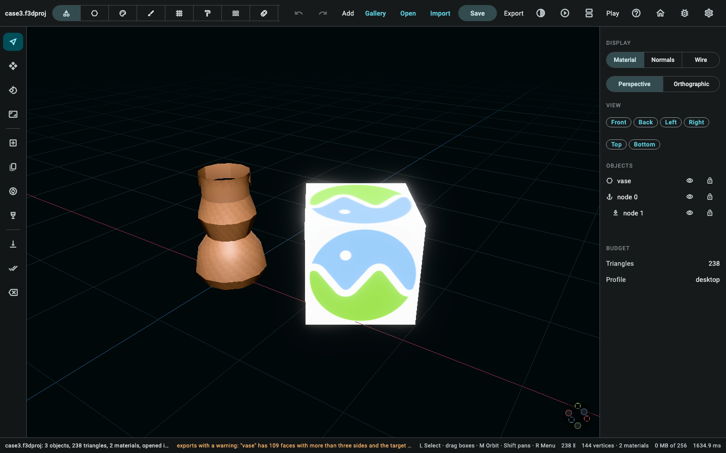 Case 3's own document as it opens: the vase and the imported box in the viewport, both listed in the outliner, nothing selected yet.