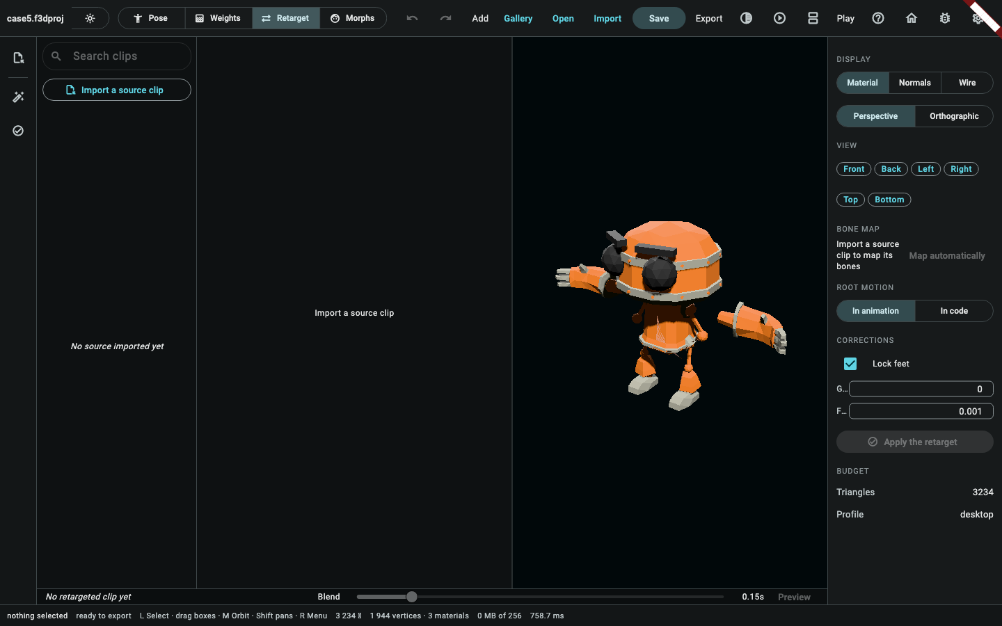 The retarget screen: the source on the left, this character on the right, the bone map between them and the clip library above.