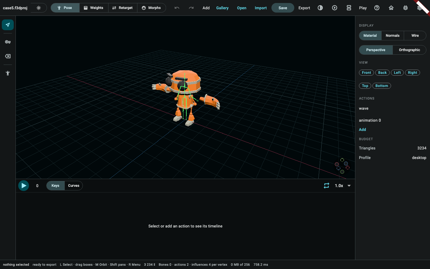 The animation mode over the retargeted character: both clips on the tracks bar under the viewport.