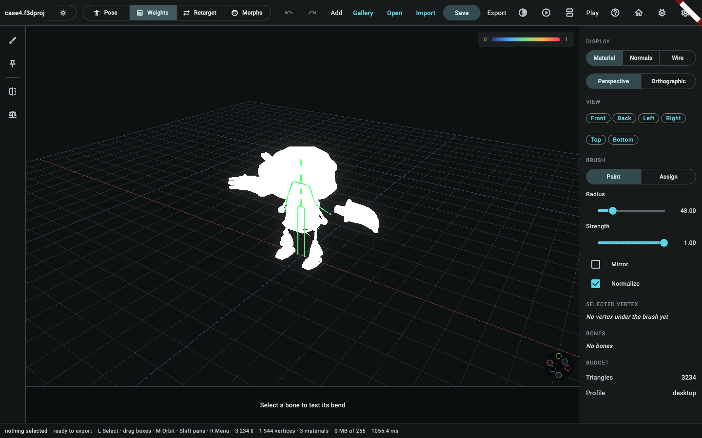 The Weights sub-mode in the editor: the skeleton tree on the panel, the brush settings under it, and the bend slider along the bottom of the viewport.