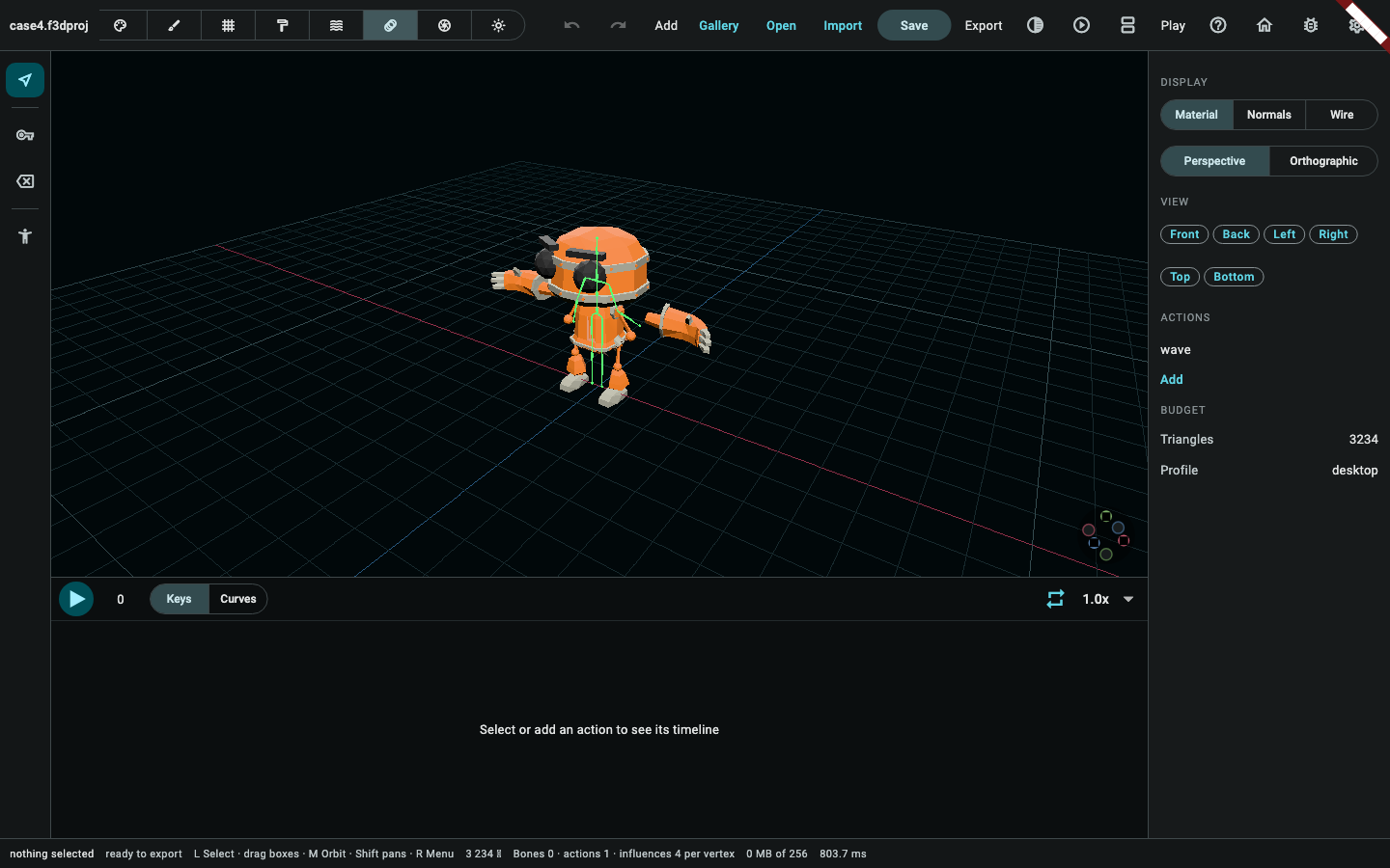 The animation mode in its pose sub-mode: the skeleton tree, the transport bar and the timeline under the viewport.