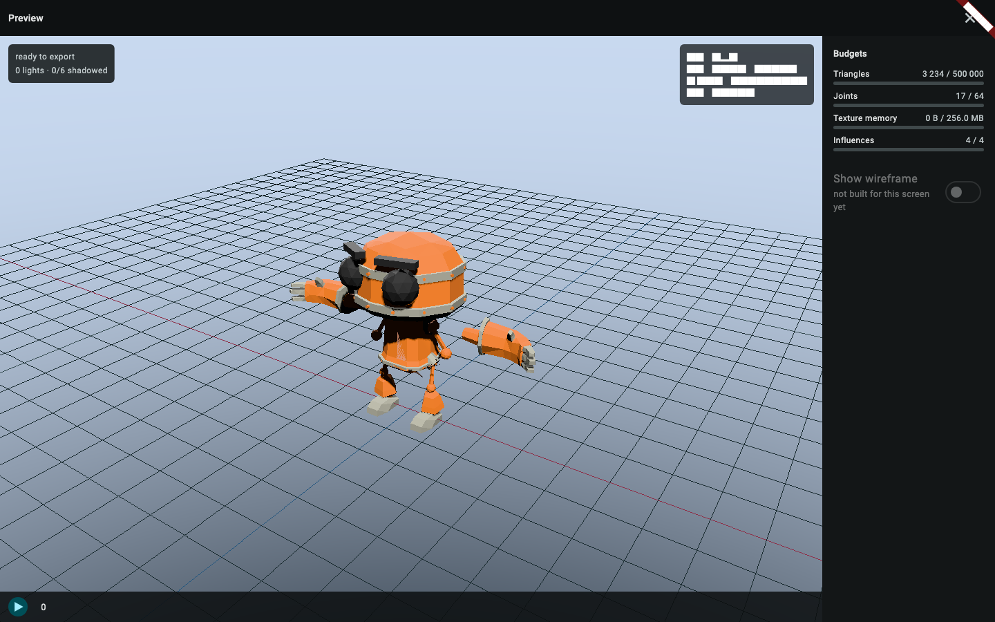 The game-preview screen: the model drawn the way a game would draw it, with the budget bars and the metrics overlay.