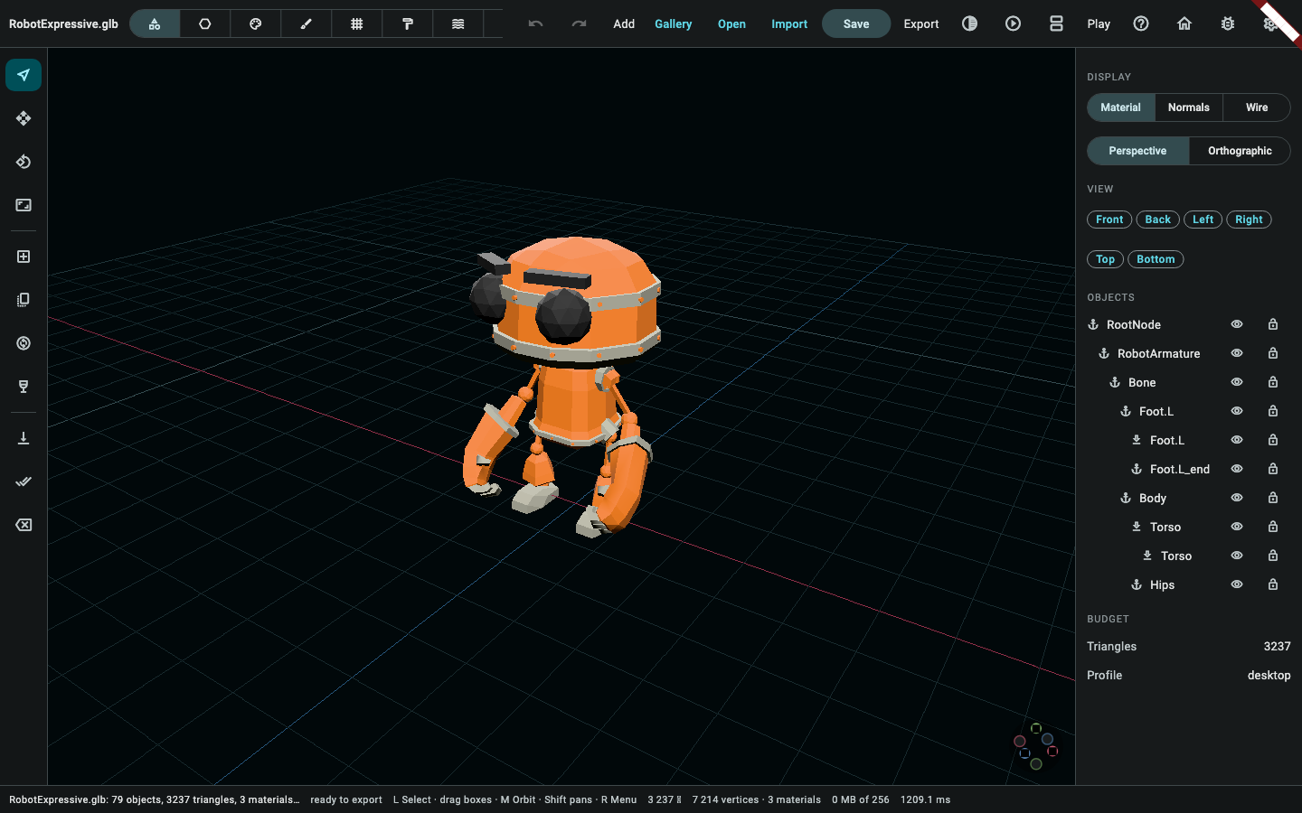 RobotExpressive.glb as it lands: every part its own object in the outliner, and not a joint anywhere.