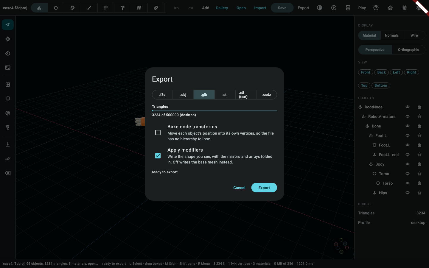 The export screen over the rigged, animated character.