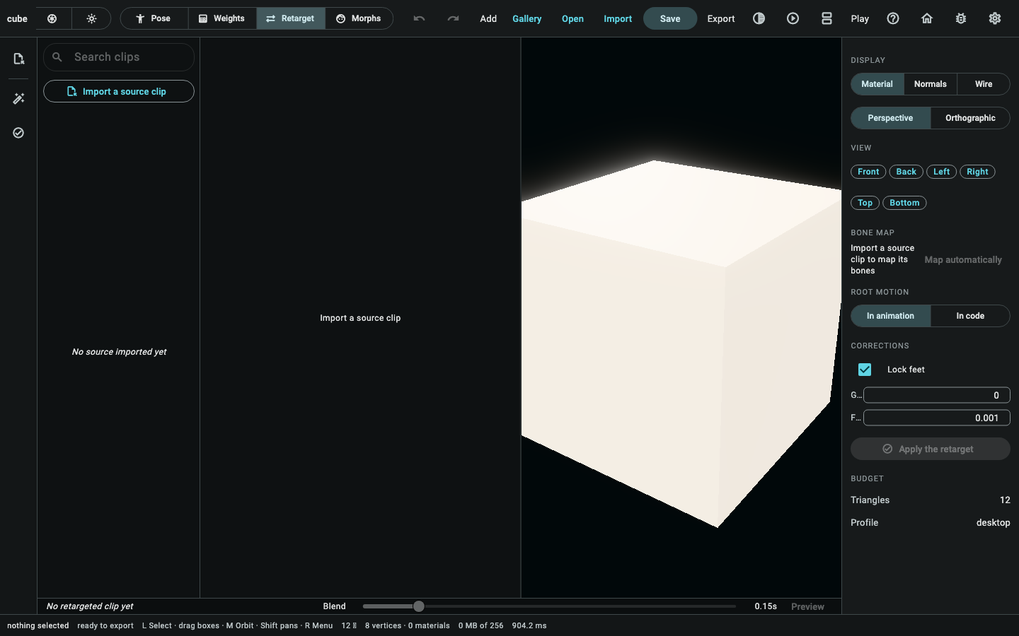 Retarget: the clip library, the bone map, and the source and target side by side.