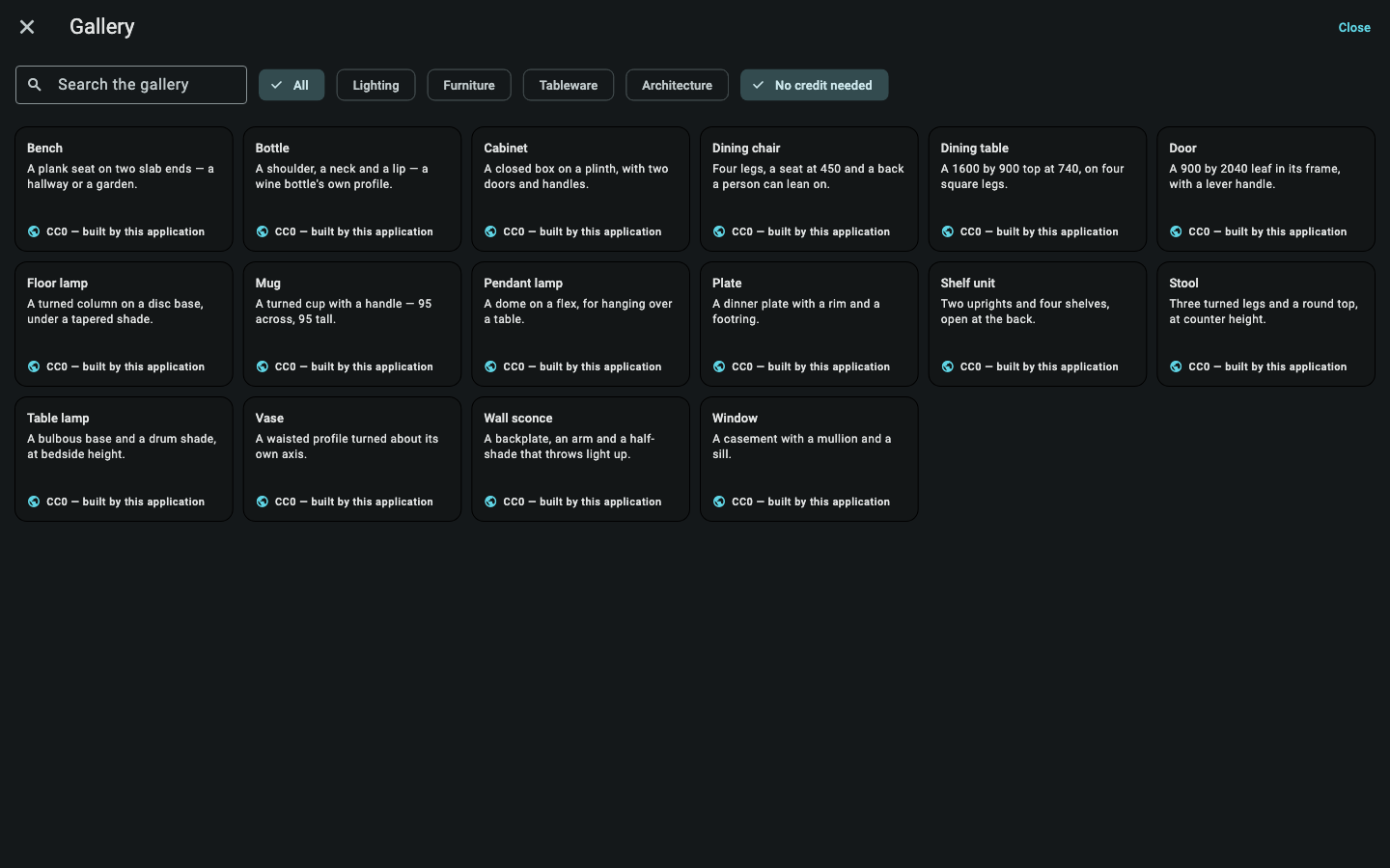 The gallery: fifteen models, a search, the four kinds and the credit filter.
