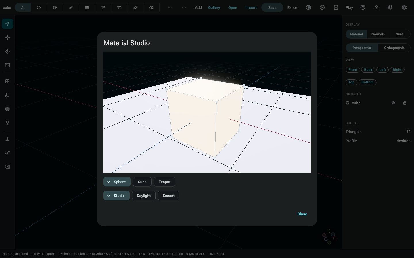 Material Studio: one material on a sphere, a cube or a teapot, under three environments.
