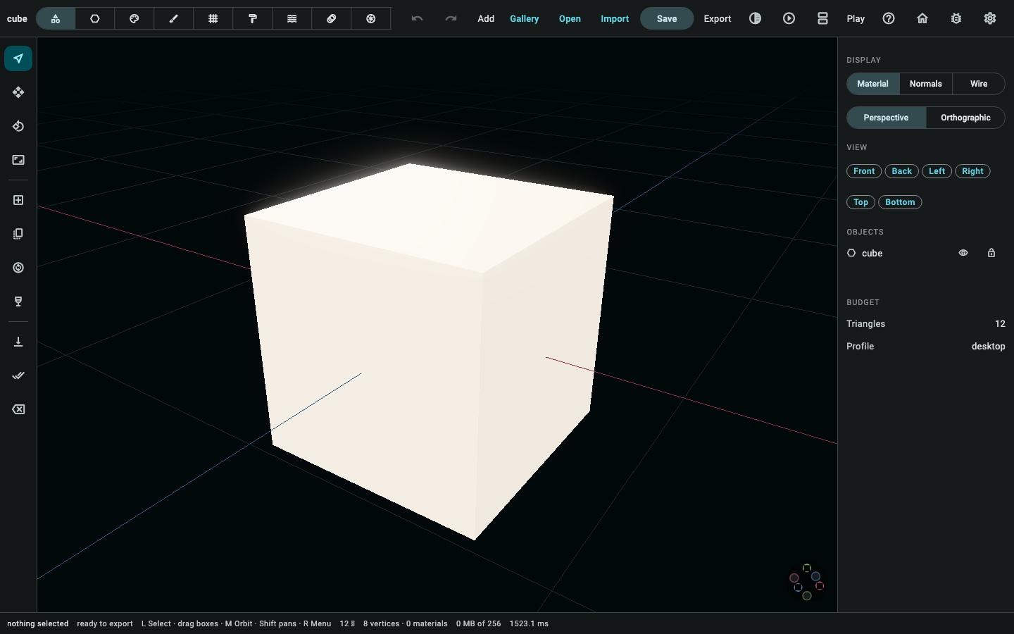 The editor as a launch opens it: the outliner, the transform grid, the tool rail and one object in the viewport.