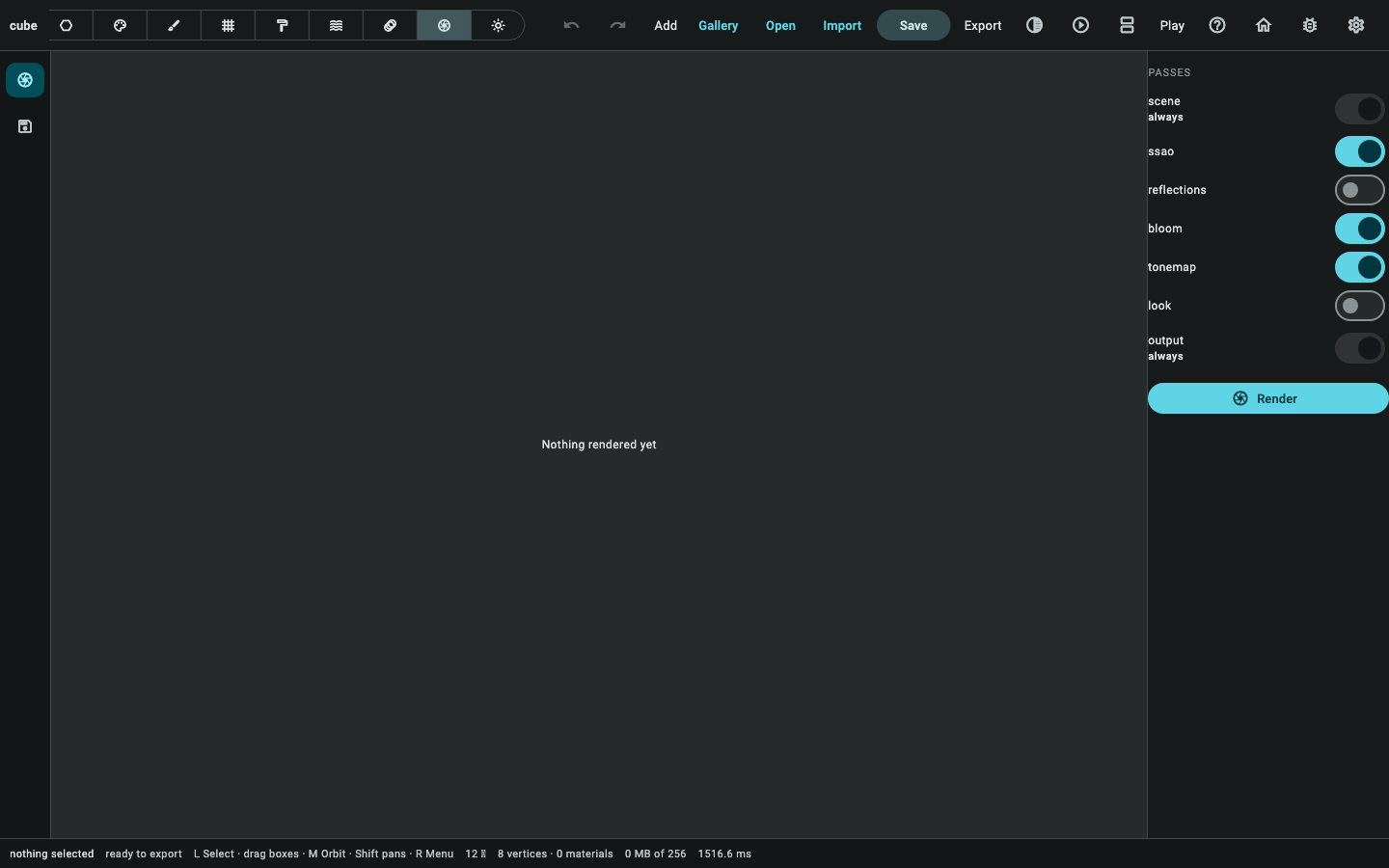 Render mode: the pass list, and the result in the viewport's place.