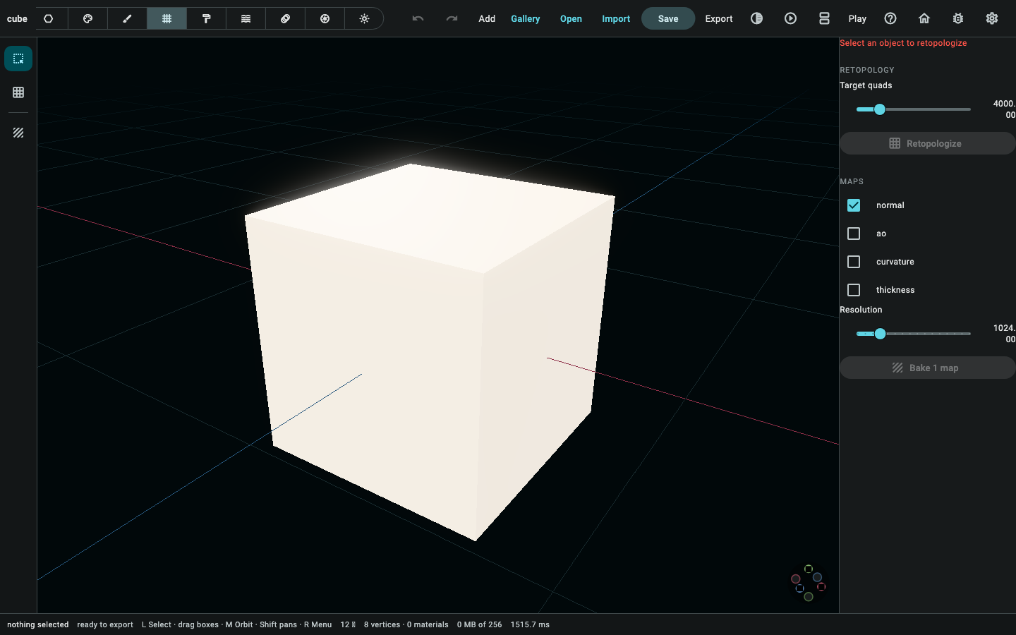 Retopo mode: the bake panel's two blocks — the retopology above, the maps below.