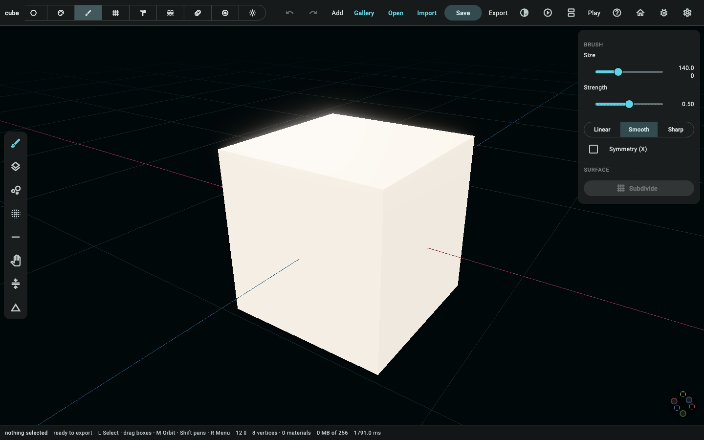 Sculpt mode: no rail, no properties panel, a 48-wide brush palette on the left and a 250-wide card on the right.