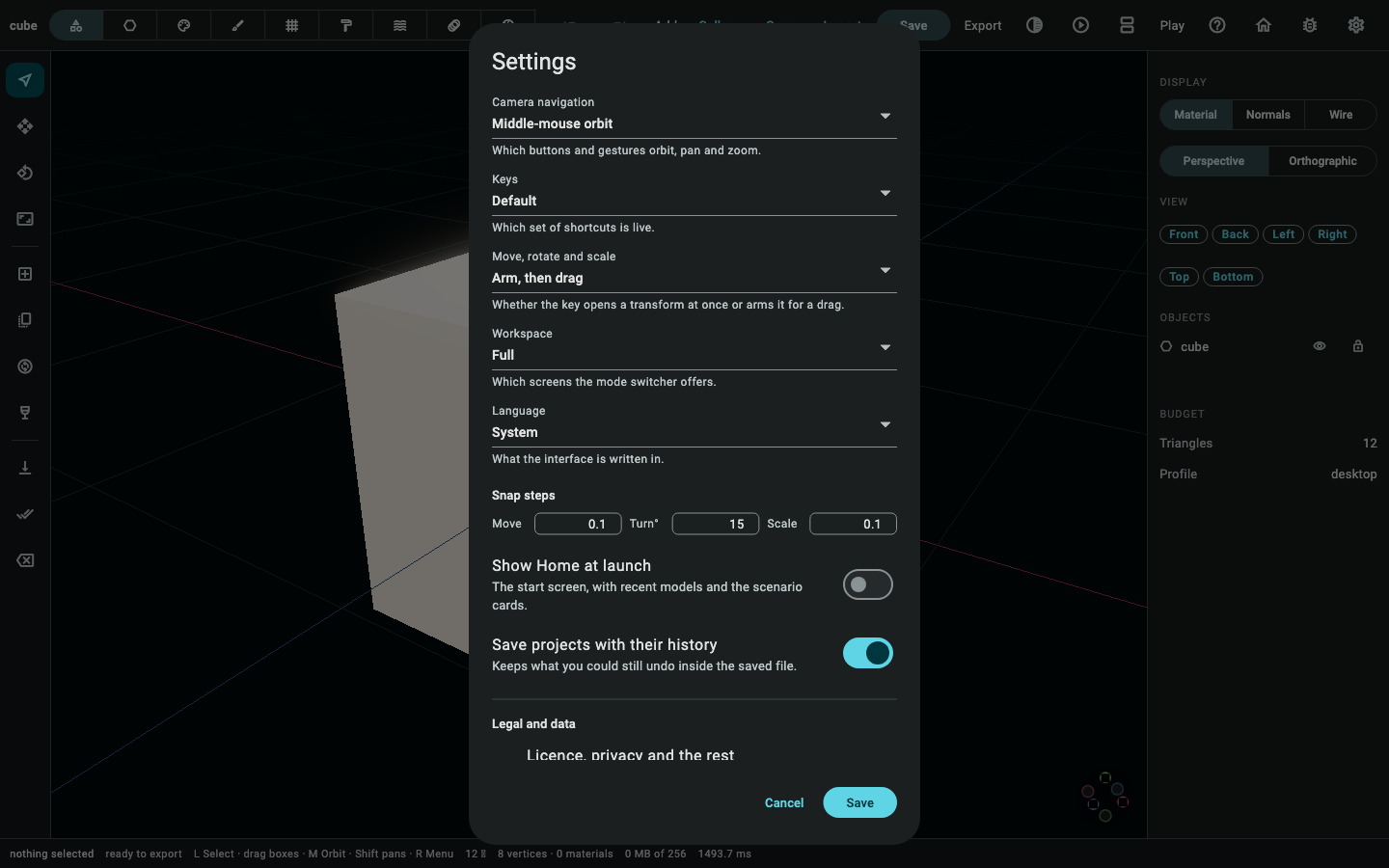 Settings: the camera scheme, the keymap, the workspace and the language.