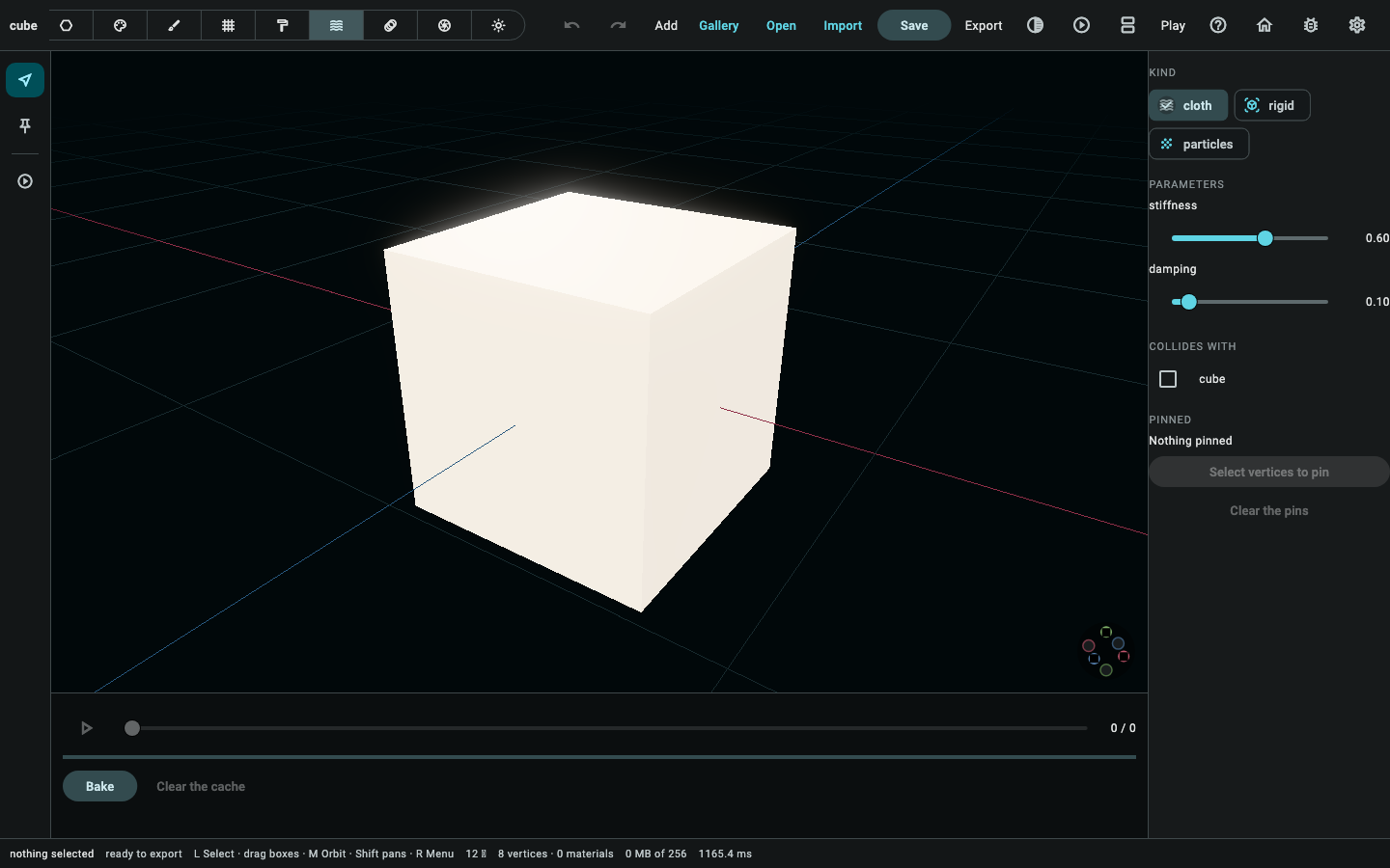 Simulate mode: the kind chips, the parameters, what it collides with, and the transport strip under the viewport.
