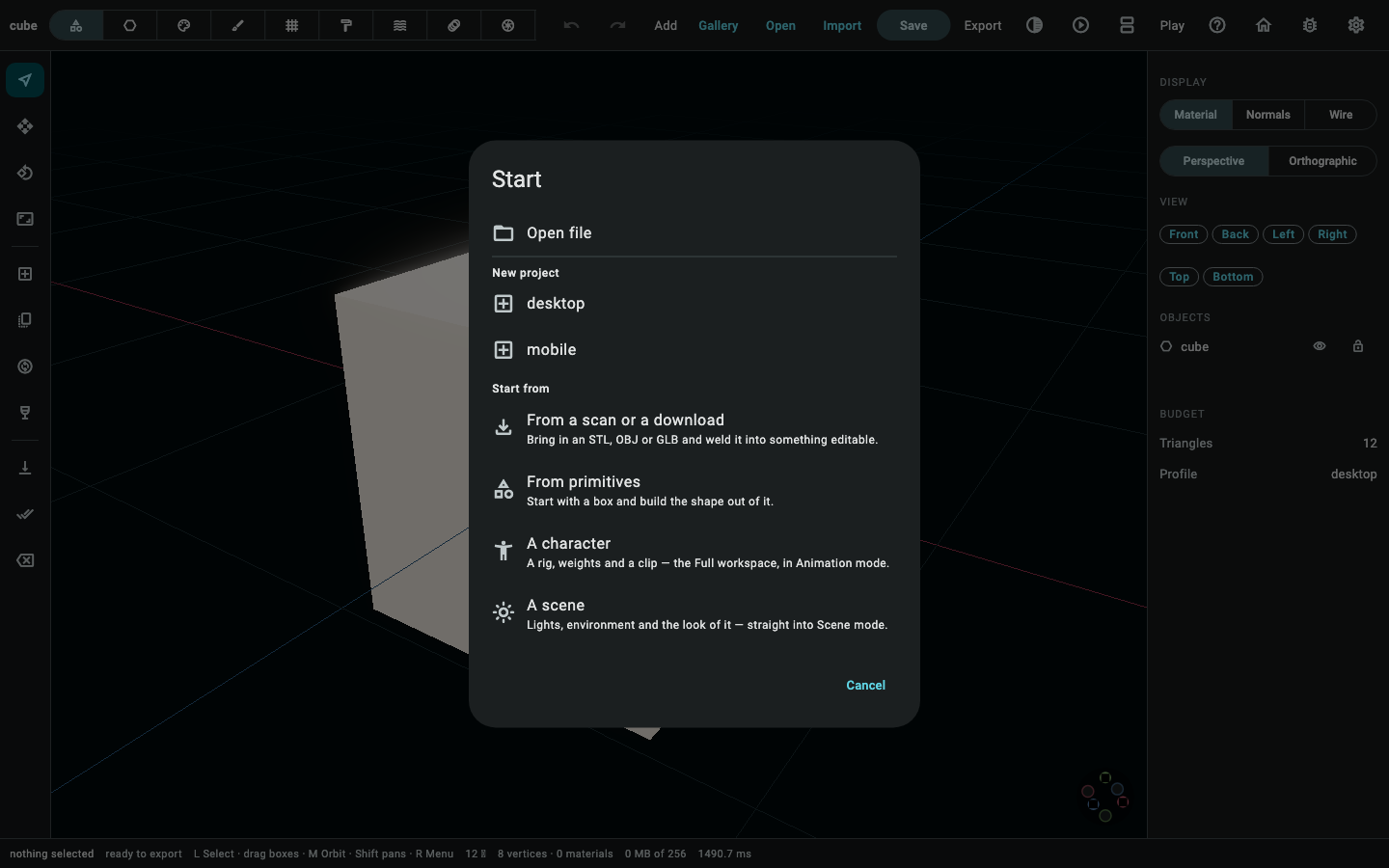 The start screen: open a file, start a project, the four Start-from cards, the recents.