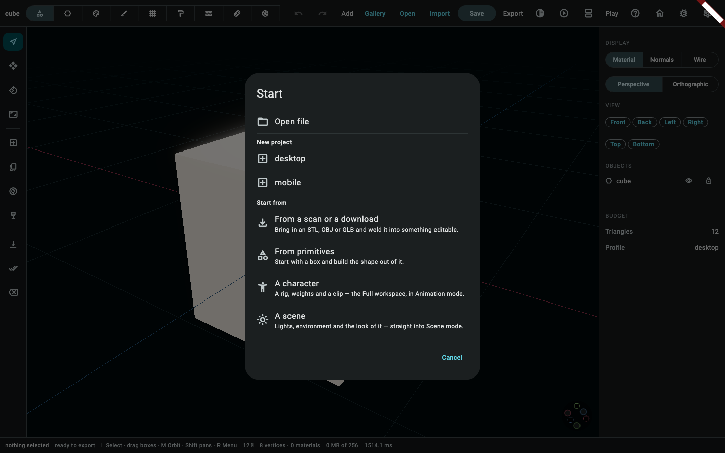 Home: Open file, New project, the four Start-from cards, and the list of recent documents, over the empty editor.