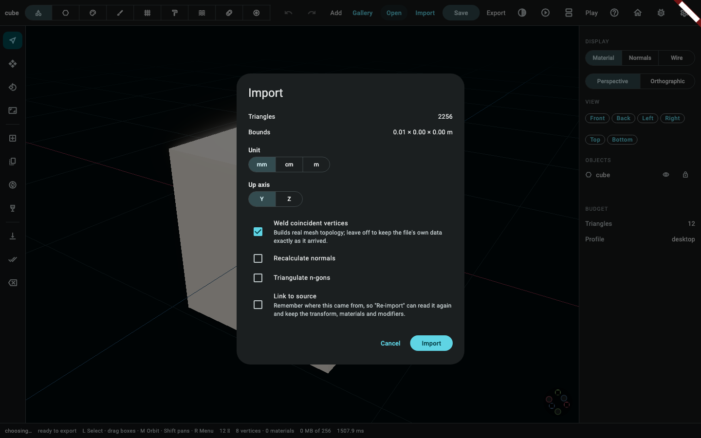 The import screen over teapot.stl: the unit and up-axis choices, the three cleanup checkboxes, and the bounds the chosen unit gives the file.