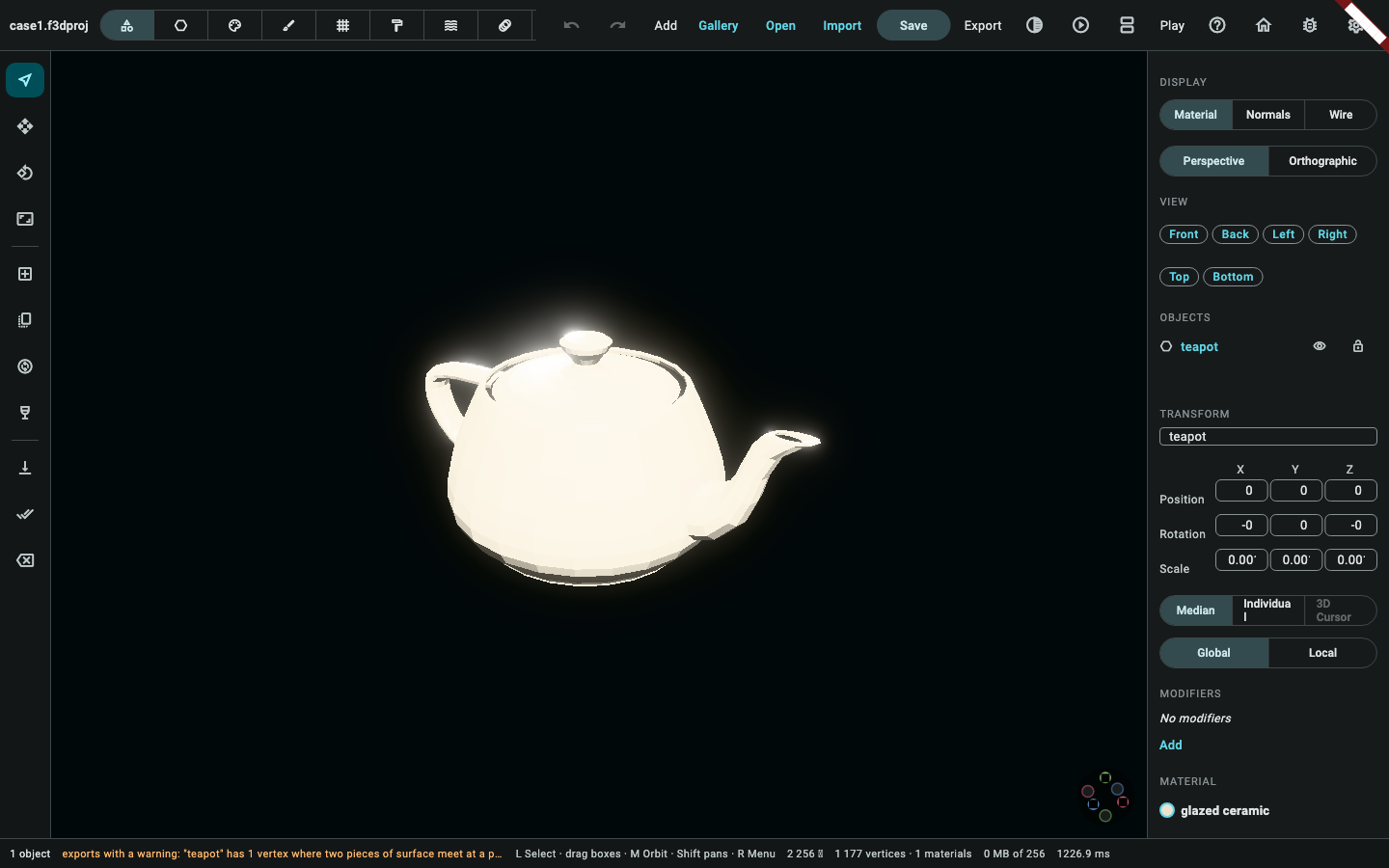 Case 1's own document with the teapot selected: the properties panel showing its transform, its modifier stack and the material it is painted with.