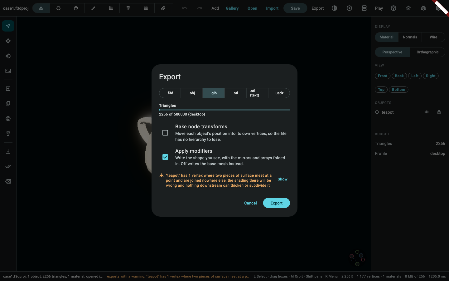 The export screen: the format list, the readiness checks with what each one found, and the file about to be written.