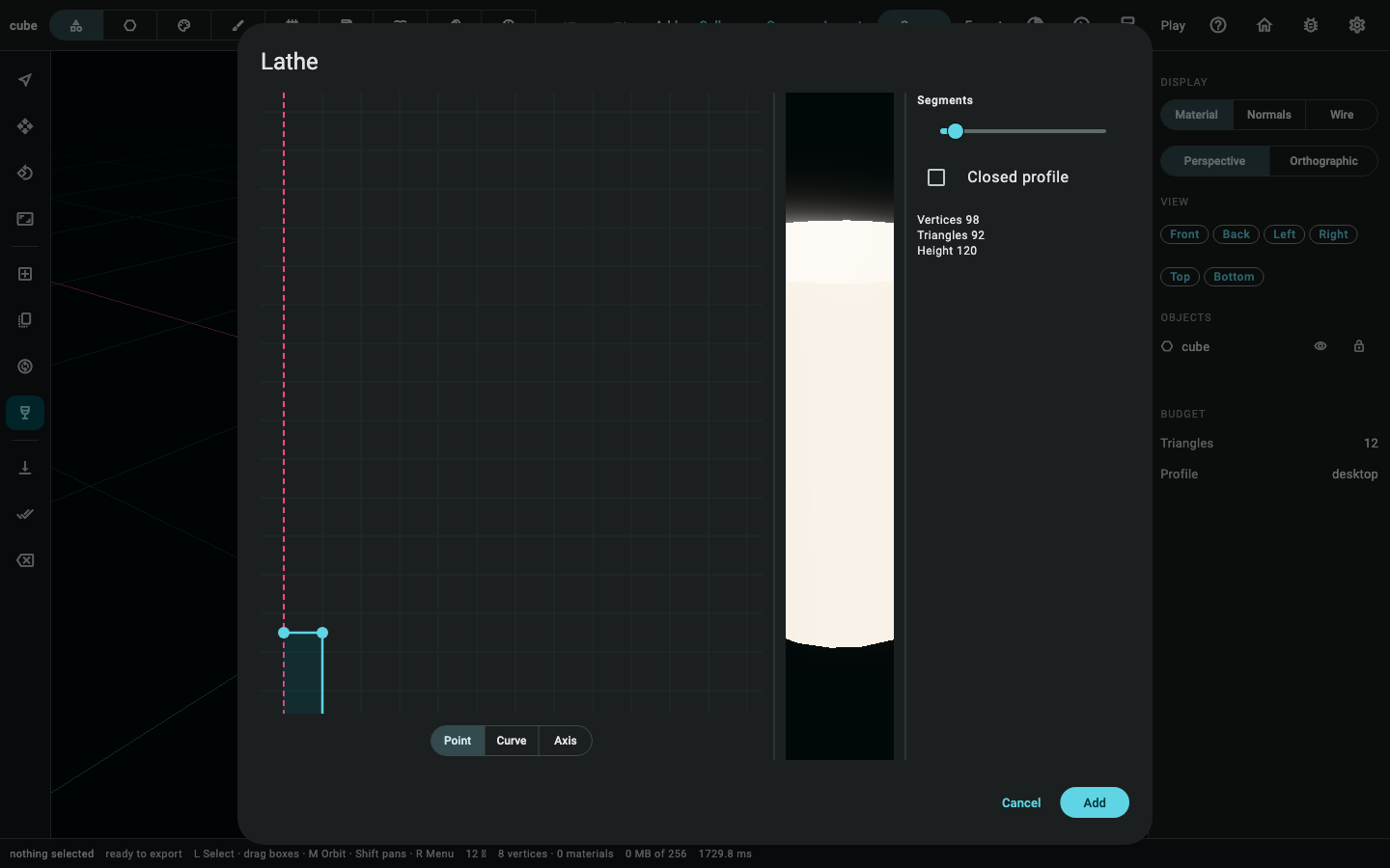 The lathe dialog: the profile canvas on the left with its points, the segment count and the live preview of what turning the curve makes.