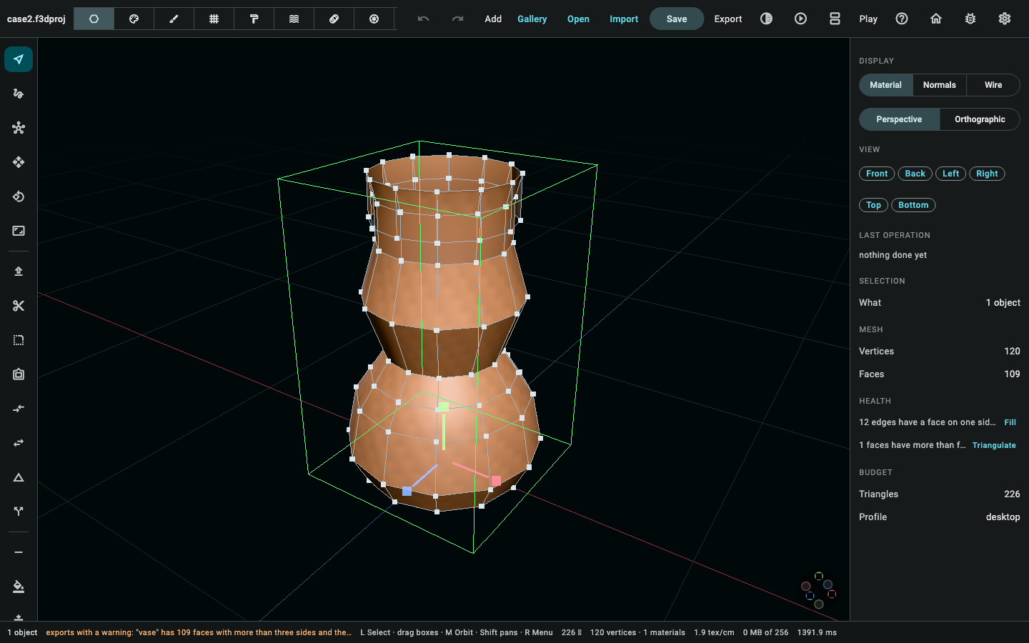 The vase in mesh mode: the element rail on the left, the vertex/edge/face switcher above the viewport, and the status line counting what is selected.