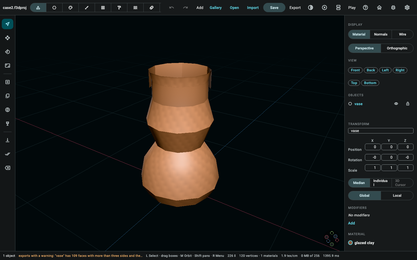 The modifier stack on the properties panel, both rows listed with their own viewport and export toggles.