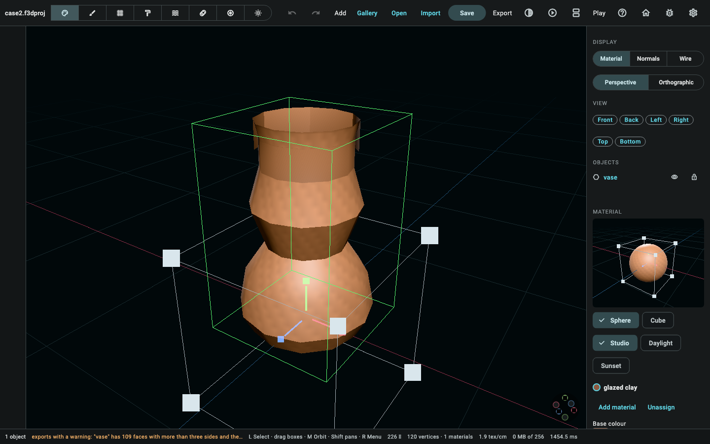 Material mode over the vase: the material list, the surface fields and the texture slots.
