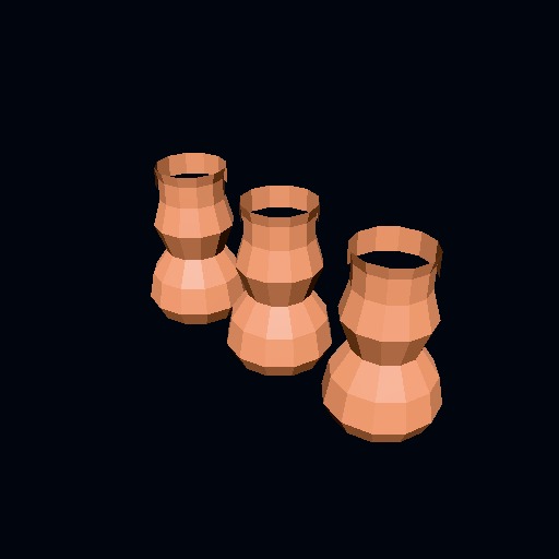 The saved project exactly as renderProject draws it — both modifiers live, a shelf of three mirrored vases.